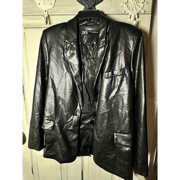 ZARA Faux Leather Blazer Jacket Black One Button Women’s Size S - Picture 7 of 7